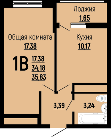 Планировка 1-комн 35,83 - 38,29 м²