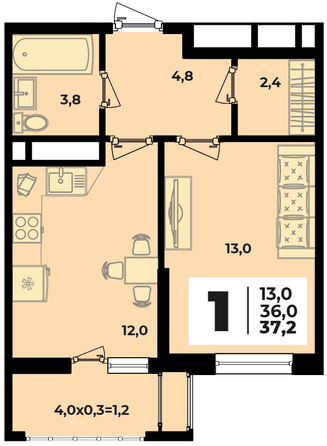 Планировка 1-комн 37,2 м²