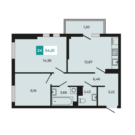 Планировка 2-комн 54,51 м²