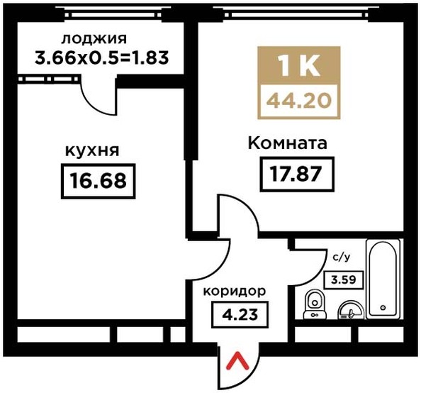 Планировка 1-комн 44,2 м²