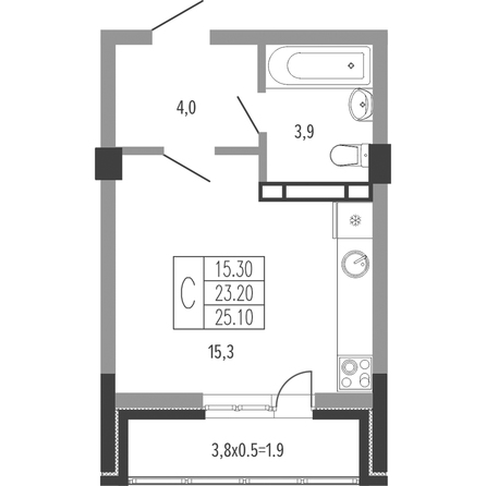 Планировка Студия 25,1, 25,4 м²