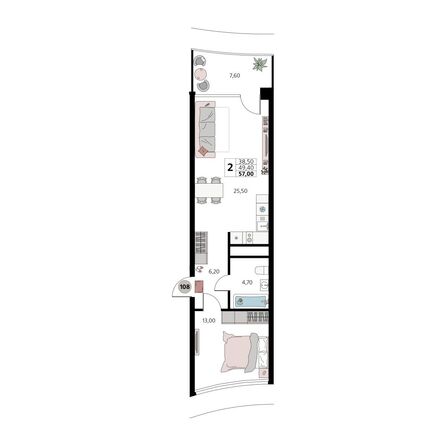 Планировка 2-комн 57 м²