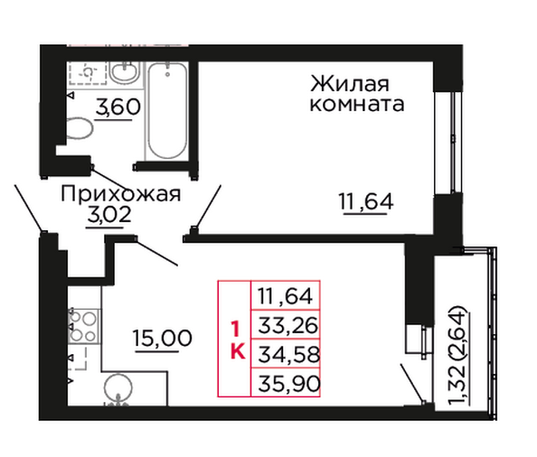 Планировка 1-комн 34,58 м²