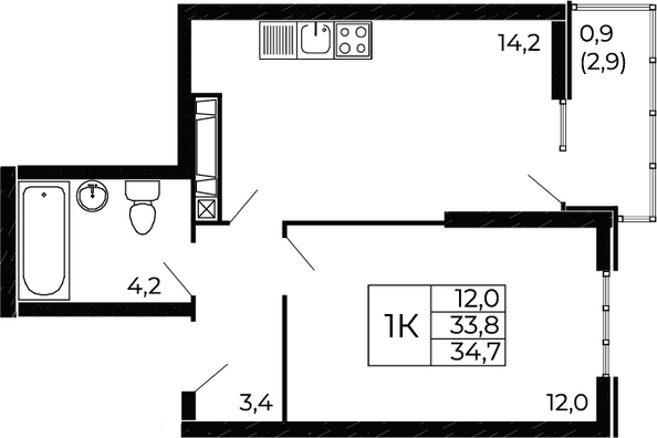 Планировка 1-комн 34,7 м²