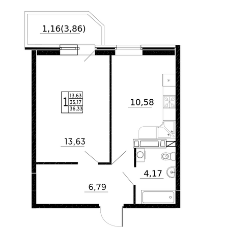 Планировка 1-комн 36,33 м²