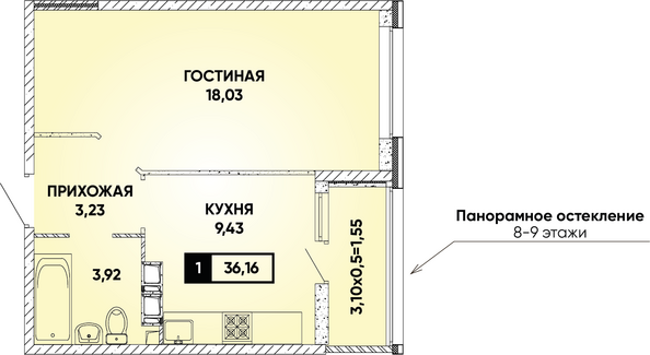 Планировка 1-комн 36,16 м²