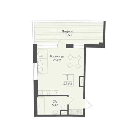 Планировка 1-комн 48,63 м²