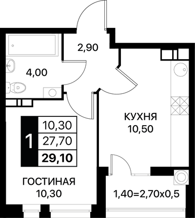 Планировка 1-комн 29,1 м²