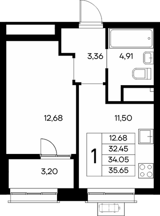 Планировка 1-комн 35,65 - 36,05 м²