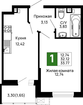 Планировка 1-комн 33,77 м²