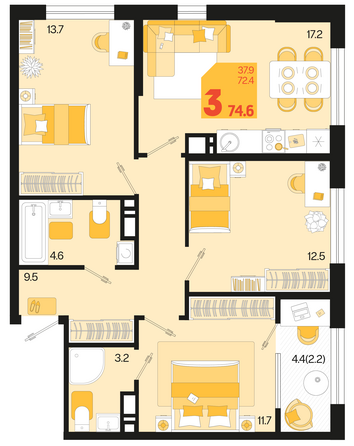 Планировка 3-комн 74,6, 75,6 м²