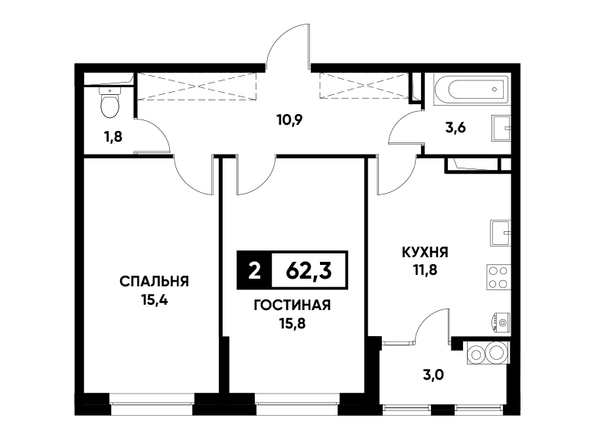 Планировка 2-комн 62,3 м²