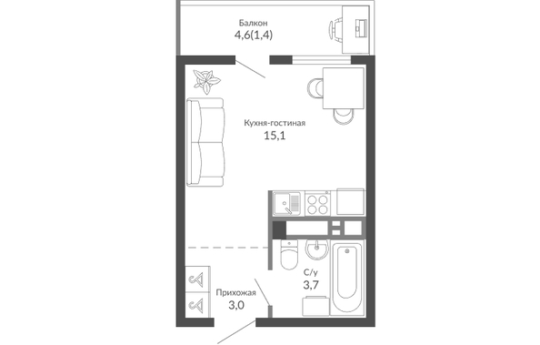 Планировка 1-комн 23,2 м²