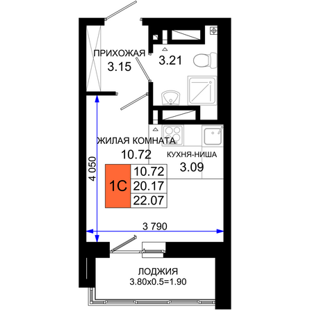 Планировка Студия 22,07 м²