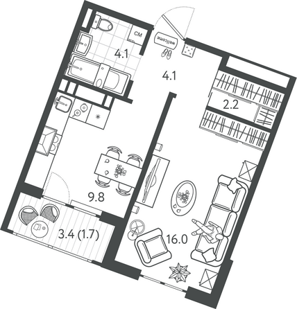 Планировка 1-комн 37,9 м²