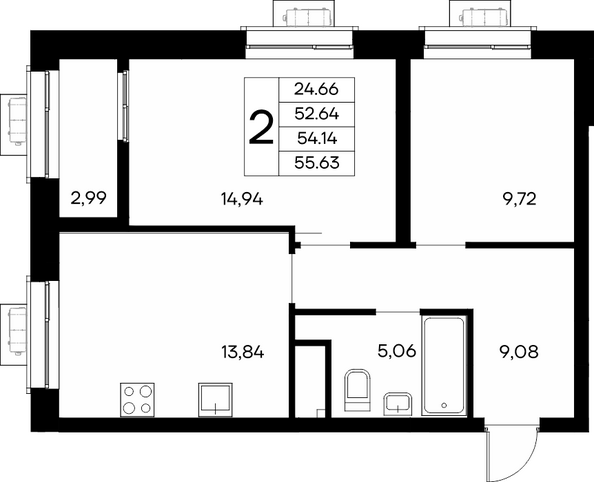 Планировка 2-комн 55,63 м²