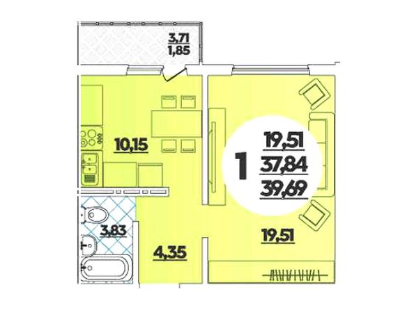 Планировка 1-комн 39,69 м²