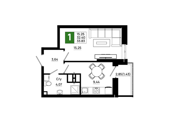 Планировка 1-комн 33,83 м²
