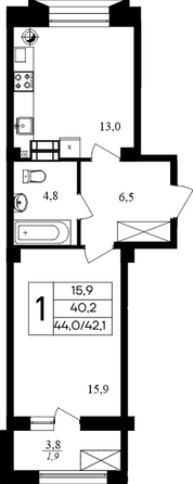 Планировка 1-комн 44 м²