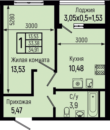 Планировка 1-комн 34,91 м²