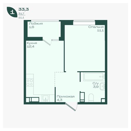 Планировка 1-комн 33,3, 33,5 м²