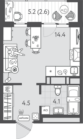 Планировка 1-комн 25,6 м²