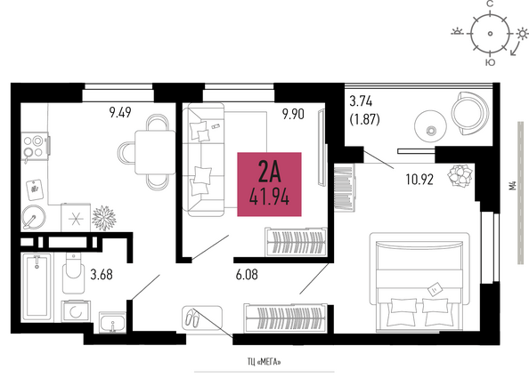 Планировка 2-комн 41,94 м²