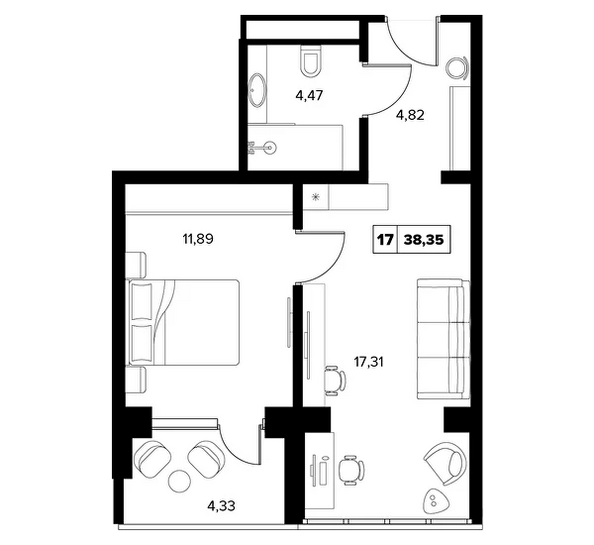 Планировка 1-комн 38,35 м²