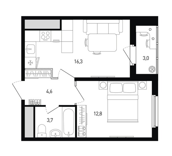 Планировка 1-комн 39 м²