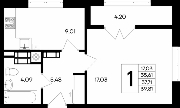 Планировка 1-комн 39,81 м²