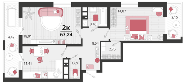 Планировка 2-комн 67,24 м²