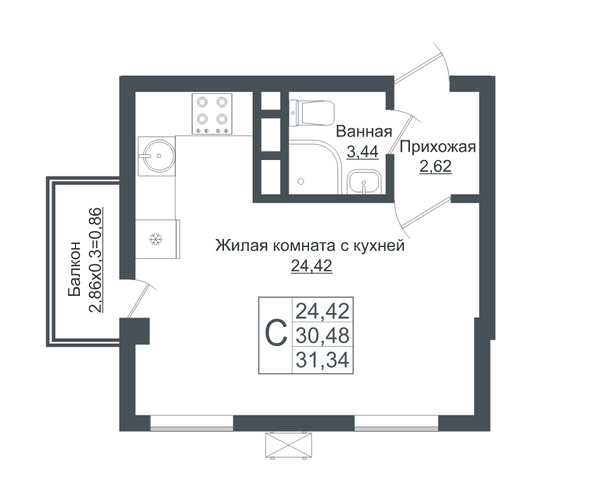 Планировка Студия 31,34 м²