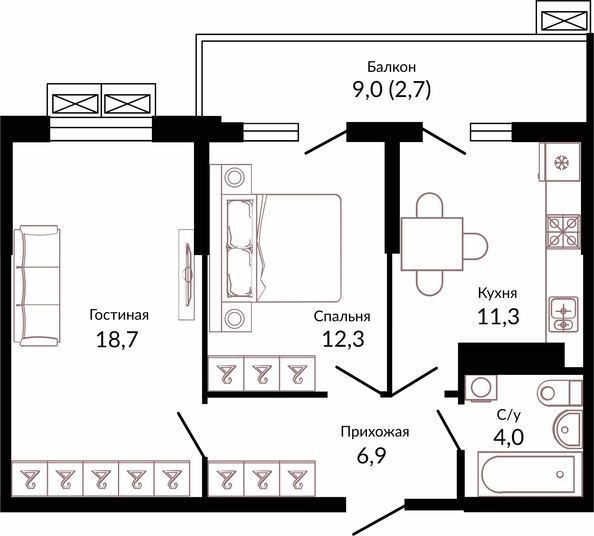 Планировка 2-комн 55,9 м²