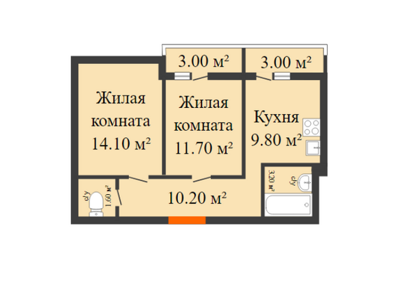 Планировка 2-комн 53,1 м²