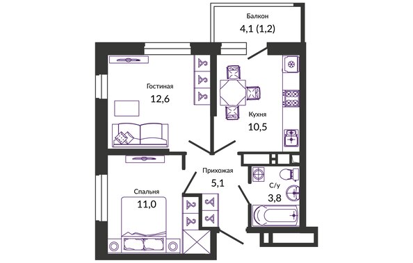 Планировка 2-комн 44,2 м²