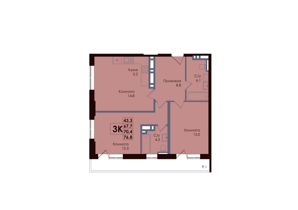 Планировка 3-комн 70,4 м²