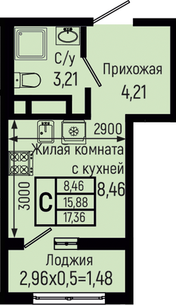 Планировка Студия 17,36 м²