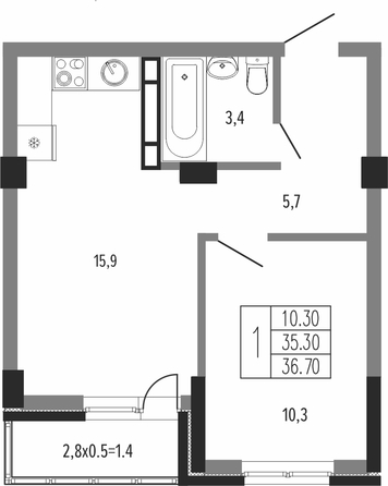 Планировка 1-комн 36,7 м²