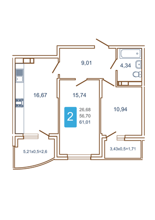 Планировка 2-комн 61,01 м²