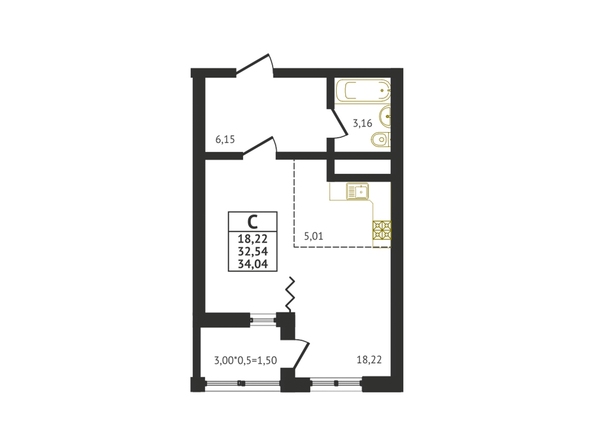 Планировка Студия 34,04 м²