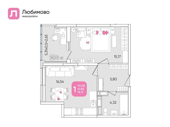 Планировка 1-комн 44,36 м²