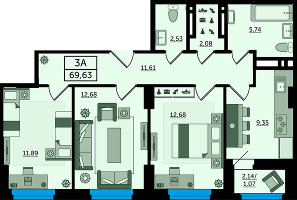 Планировка 3-комн 69,63 м²