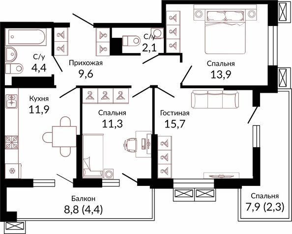 Планировка 3-комн 75,8 м²