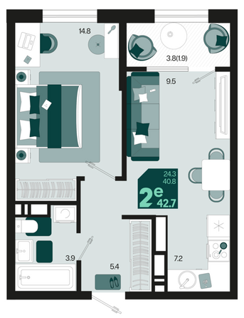 Планировка 2-комн 42,7 м²