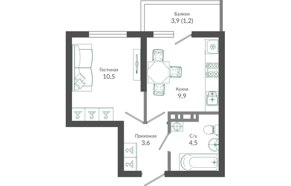 Планировка 1-комн 29,7 м²