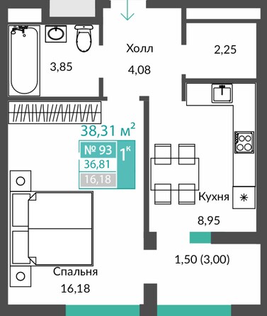 Планировка 1-комн 36,81 м²