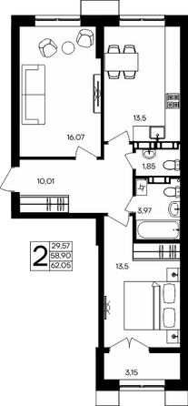 Планировка 2-комн 62,05, 62,06 м²