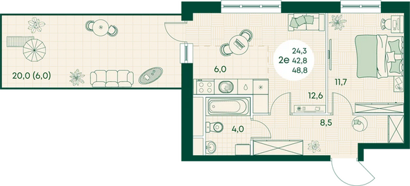 Планировка 2-комн 48,8 м²