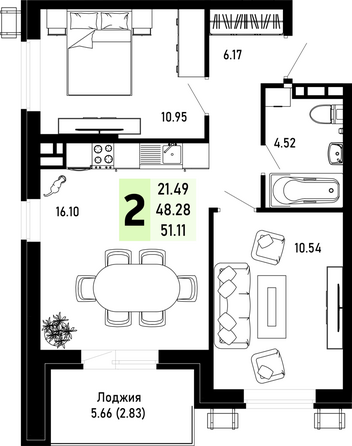 Планировка 2-комн 51,11 м²