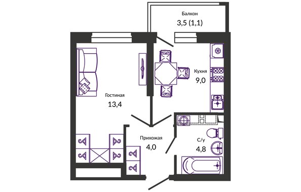 Планировка 1-комн 32,3 м²